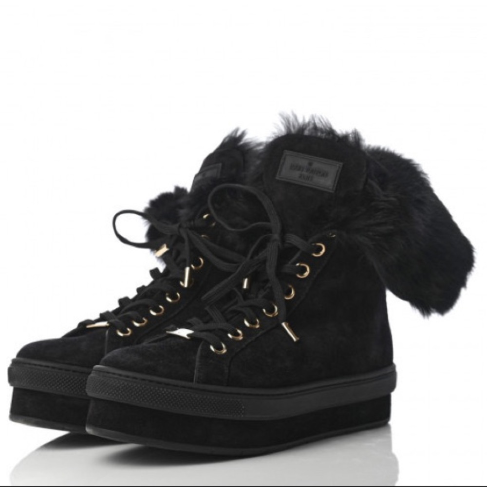 EUC Louis Vuitton Black Suede Rabbit Fur Jazzy High-Top Sneakers